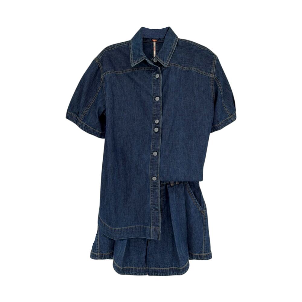 FREE PEOPLE Griselda Denim Short Set Sea Dream Wash 2